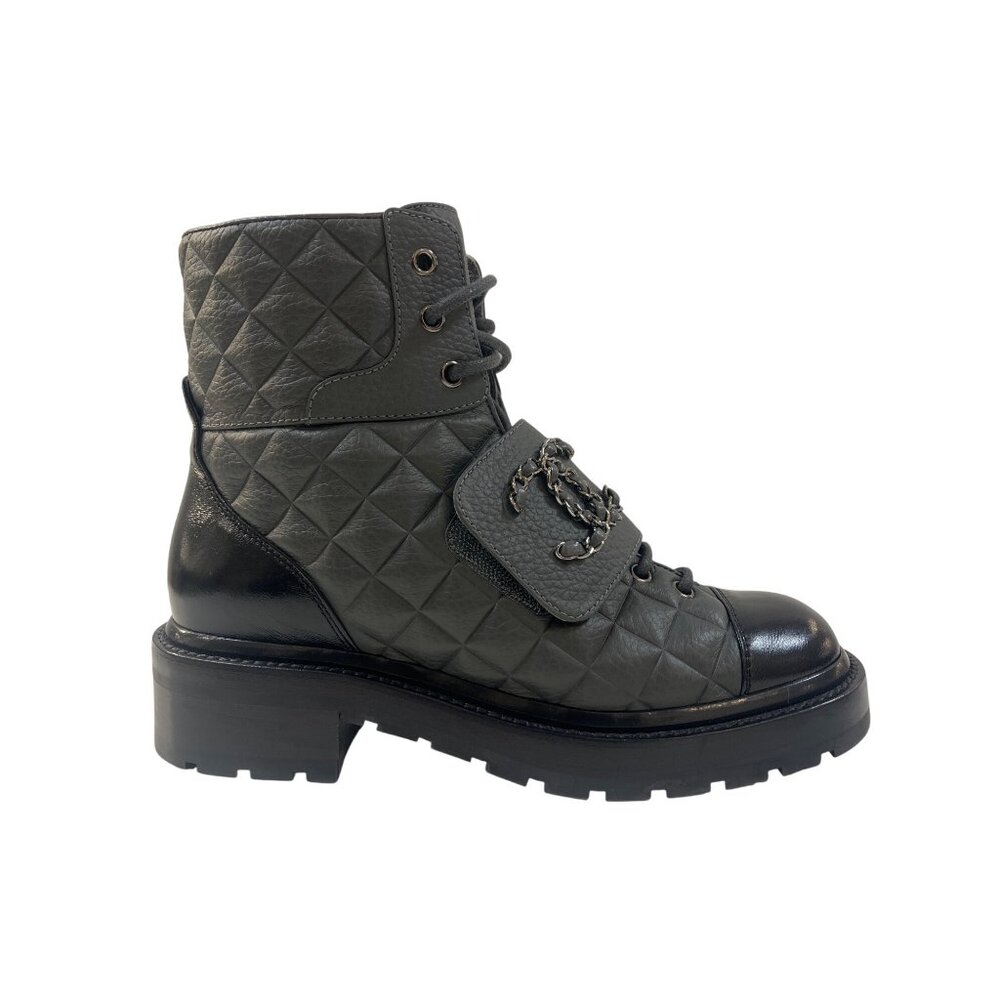 B-8. Chanel Quilted Combat Boot IT 37 US 6.5 Gray Black